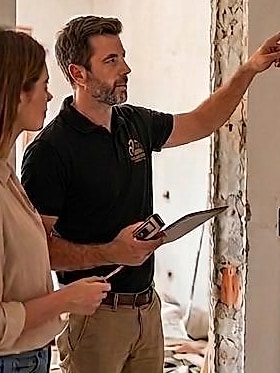 Dois profissionais da RME avaliando o vão de uma porta numa obra