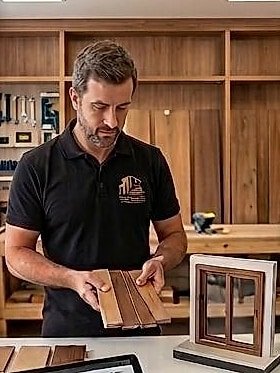 Amostras de madeira e uma esquadria sobre a bancada, durante a escolha do material