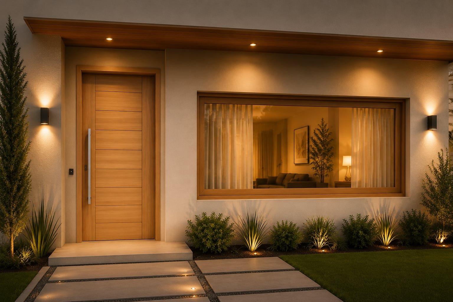 Fachada residencial ao anoitecer, com porta de madeira iluminada e esquadria de madeira na janela